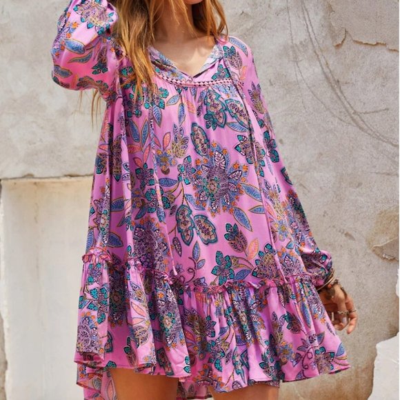 Boho gypsy floral print long sleeve smock dress - Picture 4 of 5